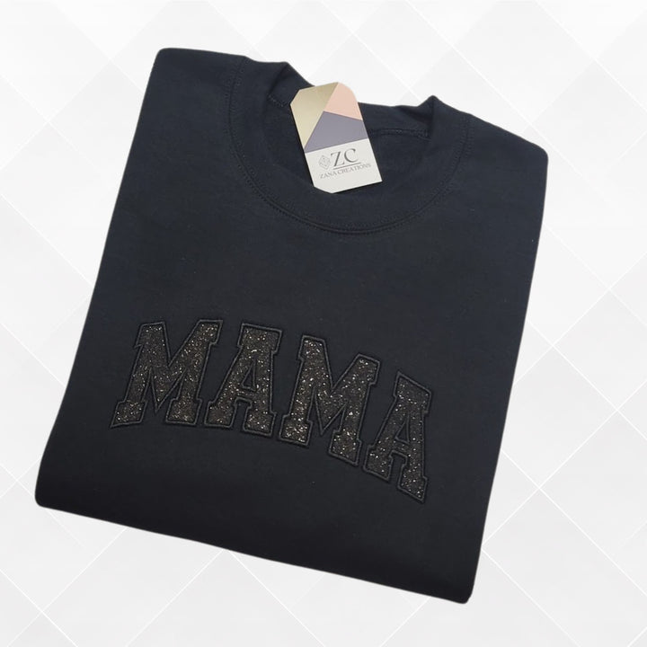 MAMA Glitter Appliqué Crewneck Sweatshirt, MAMA Embroidered Crewneck, MAMA Sweatshirt Black on Black Glitter ,Mom Gift
